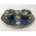 Copeland Spode double inkwell and integral stand, decorated in gilt against a blue ground, printed