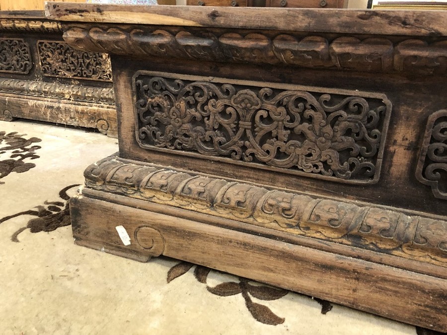 Pair of large, low heavily carved Chinese tables, each approx 177cm x 61cm x 45cm tall - Image 5 of 28