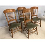 Set of four pine country cottage style stick back dining chairs with upholstered seats