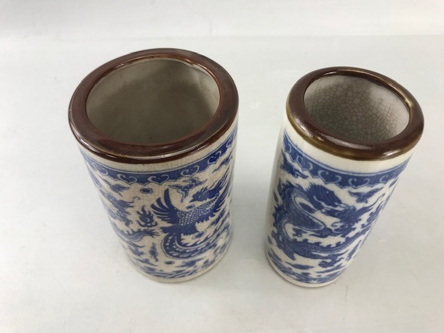 Two Chinese Blue and white Similar brush pots with Brown rims each depicting dragons with - Image 3 of 9