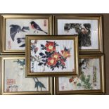 Collection of five framed Chinese signed watercolours to include birds, flowers and fish, approx