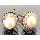 Pair of Pearl earrings surrounded by a ring of Diamonds