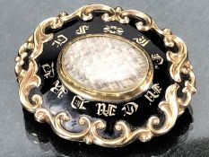 Victorian Gold coloured mourning Brooch with woven strands of hair and Black enamel with Gold