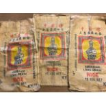 Three original 45kg Chinese rice sacks bearing the emblem for 'China Chef'
