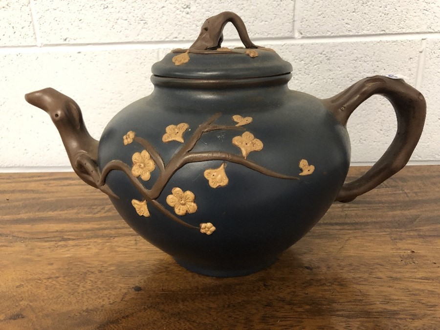 Very large Chinese Yixing pottery clay teapot with cherry blossom on blue ground with character mark