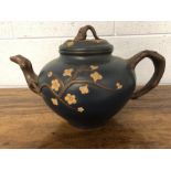 Very large Chinese Yixing pottery clay teapot with cherry blossom on blue ground with character mark