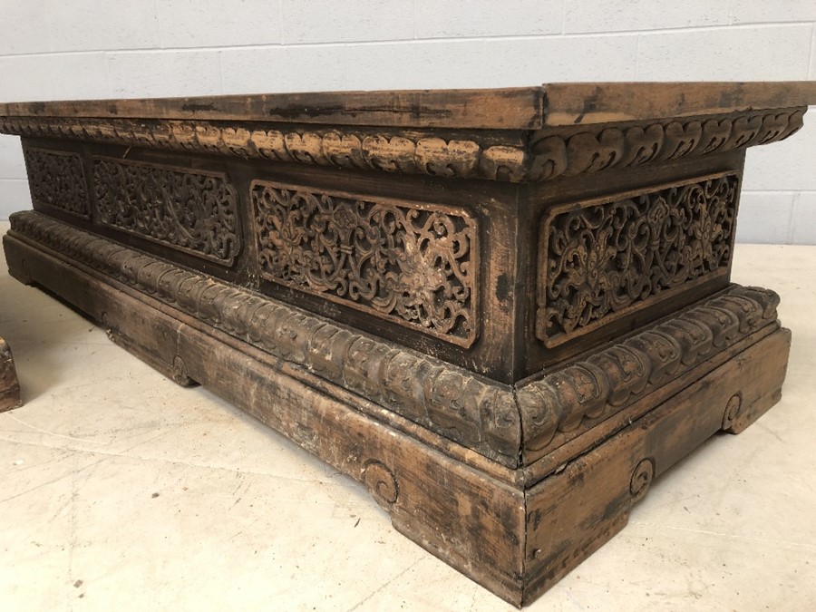 Pair of large, low heavily carved Chinese tables, each approx 177cm x 61cm x 45cm tall - Image 23 of 28