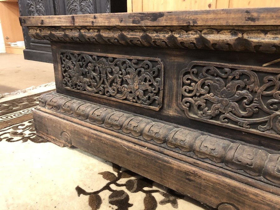 Pair of large, low heavily carved Chinese tables, each approx 177cm x 61cm x 45cm tall - Image 13 of 28