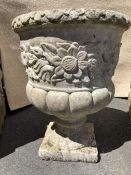 Large Garden Urn with applied flower design approx 47cm diam and 60cm tall (marks to inside read "