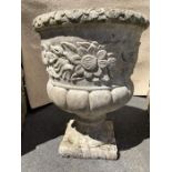 Large Garden Urn with applied flower design approx 47cm diam and 60cm tall (marks to inside read "