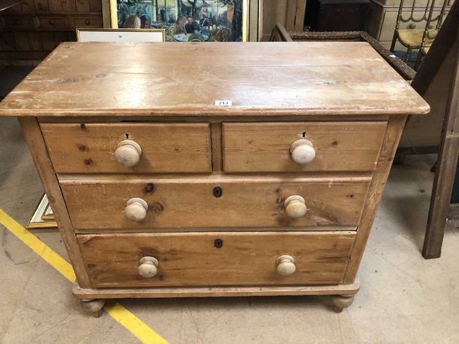 Antique pine chest of four drawers on turned feet, approx 100cm x 46cm x 85cm tall - Image 2 of 5