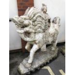Sculpture: Very Large Chinese Dragon with a Child/ buddha riding on its back. Sculpture is white