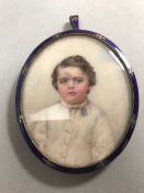 Victorian Miniature portrait of young boy in a Gold gilt frame decorated with blue enamel approx 6.8