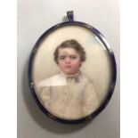 Victorian Miniature portrait of young boy in a Gold gilt frame decorated with blue enamel approx 6.8