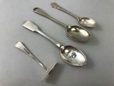 Two Silver hallmarked spoons a silver hallmarked baby pusher and a T. Turners NAAFI 2962 spoon