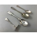 Two Silver hallmarked spoons a silver hallmarked baby pusher and a T. Turners NAAFI 2962 spoon