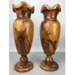 Pair of interesting rustic carved wooden vases, approx 36cm in height