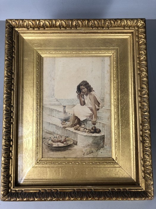 Watercolour of a young girl, indistinct signature lower right, approx 16cm x 24cm (inside mount), in