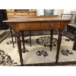 Small writing desk with inlaid top, single drawer on turned legs, approx 92cm x 48cm x 75cm tall