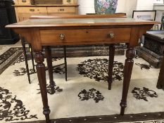 Small writing desk with inlaid top, single drawer on turned legs, approx 92cm x 48cm x 75cm tall