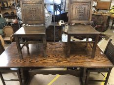 Oak refectory style table with four chairs, table approx 183cm x 80cm x 76cm tall