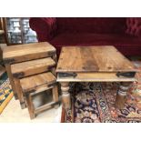 Mexican pine square coffee table along with a next of three occasional Mexican pine tables