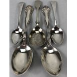 Two Stirling Desert spoons, two Georgian teaspoons and a Caddy spoon