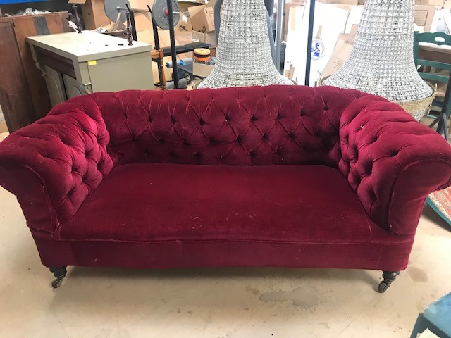 Chesterfield two seater sofa in Red velvet fabric, approx 180cm in length