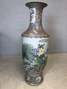 Very large Chinese ceramic vase with Chinese writing and depicting chrysanthemums, birds etc, approx