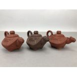 Three Yixing teapots in the shape a tortoise / turtle, approx 6cm in height
