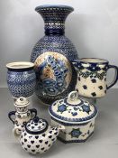 Collection of Polish blue and white ceramics to include Unikat, tallest vase approx 45cm tall (5)