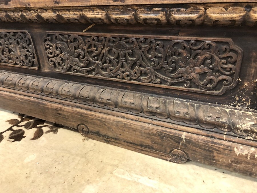 Pair of large, low heavily carved Chinese tables, each approx 177cm x 61cm x 45cm tall - Image 12 of 28