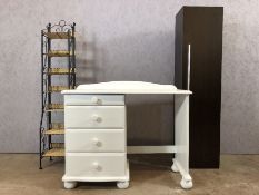 Three items of modern furniture to include small painted pine desk, wicker shelving rack and