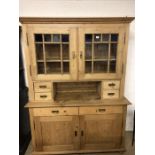 Large pine kitchen dresser with glazed doors, drawers and cupboards under, approx 150cm wide x 207cm