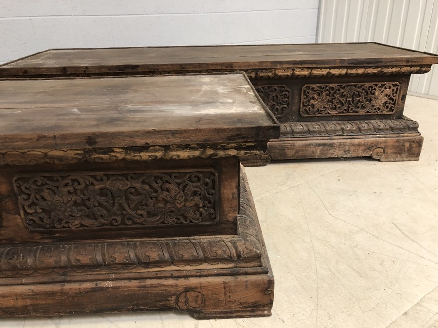 Pair of large, low heavily carved Chinese tables, each approx 177cm x 61cm x 45cm tall - Image 20 of 28