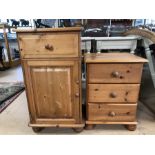 Single pine bedside cupboard with single drawer and a low pine bedside/chest of three drawers