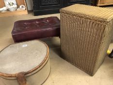 Three vintage items to include hat box, upholstered stool and a Lloyd Loom 'Lusty' linen basket