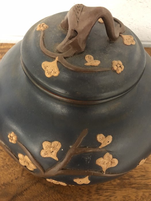 Very large Chinese Yixing pottery clay teapot with cherry blossom on blue ground with character mark - Image 3 of 12