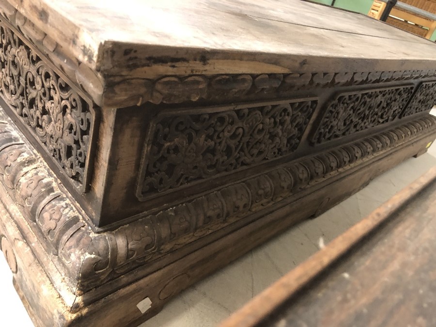 Pair of large, low heavily carved Chinese tables, each approx 177cm x 61cm x 45cm tall - Image 27 of 28