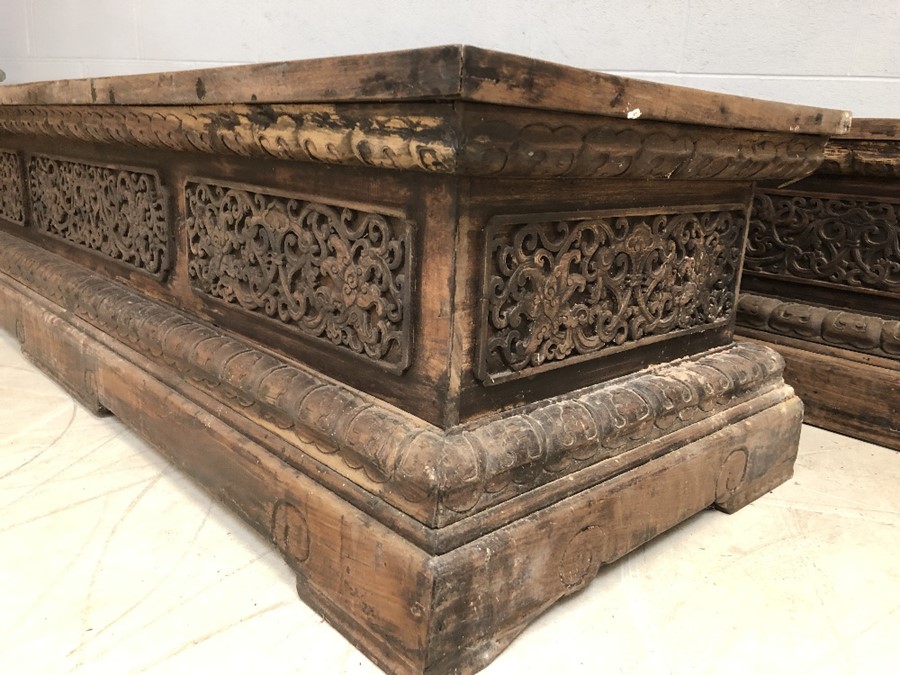 Pair of large, low heavily carved Chinese tables, each approx 177cm x 61cm x 45cm tall - Image 24 of 28