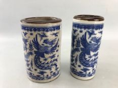 Two Chinese Blue and white Similar brush pots with Brown rims each depicting dragons with