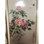 Large framed Chinese Silk depicting Chrysanthemums and butterflies, approx 133cm x 85cm