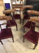 Set of six dining room chairs on turned legs with upholstered seats