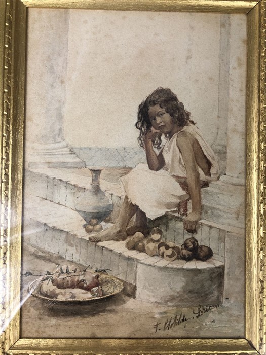 Watercolour of a young girl, indistinct signature lower right, approx 16cm x 24cm (inside mount), in - Image 2 of 3