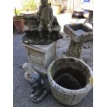 Collection of garden ornaments to include Birdbath and some otters