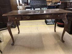 Writing table with three drawers on Queen Anne legs, approx 142cm x 71cm x 78cm tall