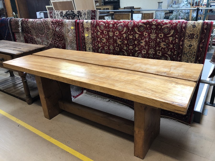 Large contemporary solid wood dining table with two plank top and single stretcher, approx 195cm x