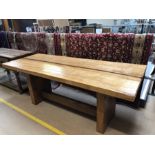 Large contemporary solid wood dining table with two plank top and single stretcher, approx 195cm x