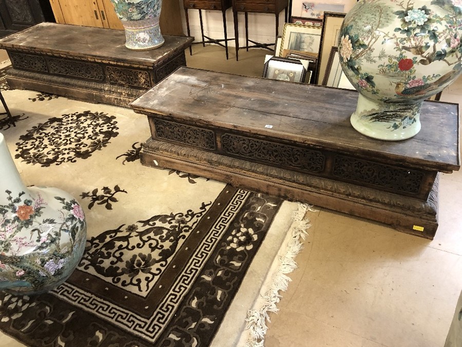 Pair of large, low heavily carved Chinese tables, each approx 177cm x 61cm x 45cm tall - Image 19 of 28