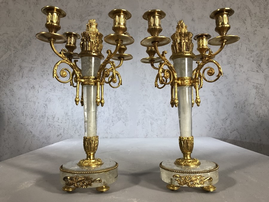 Pair of rock crystal and gilt candelabras, each approx 37cm in height